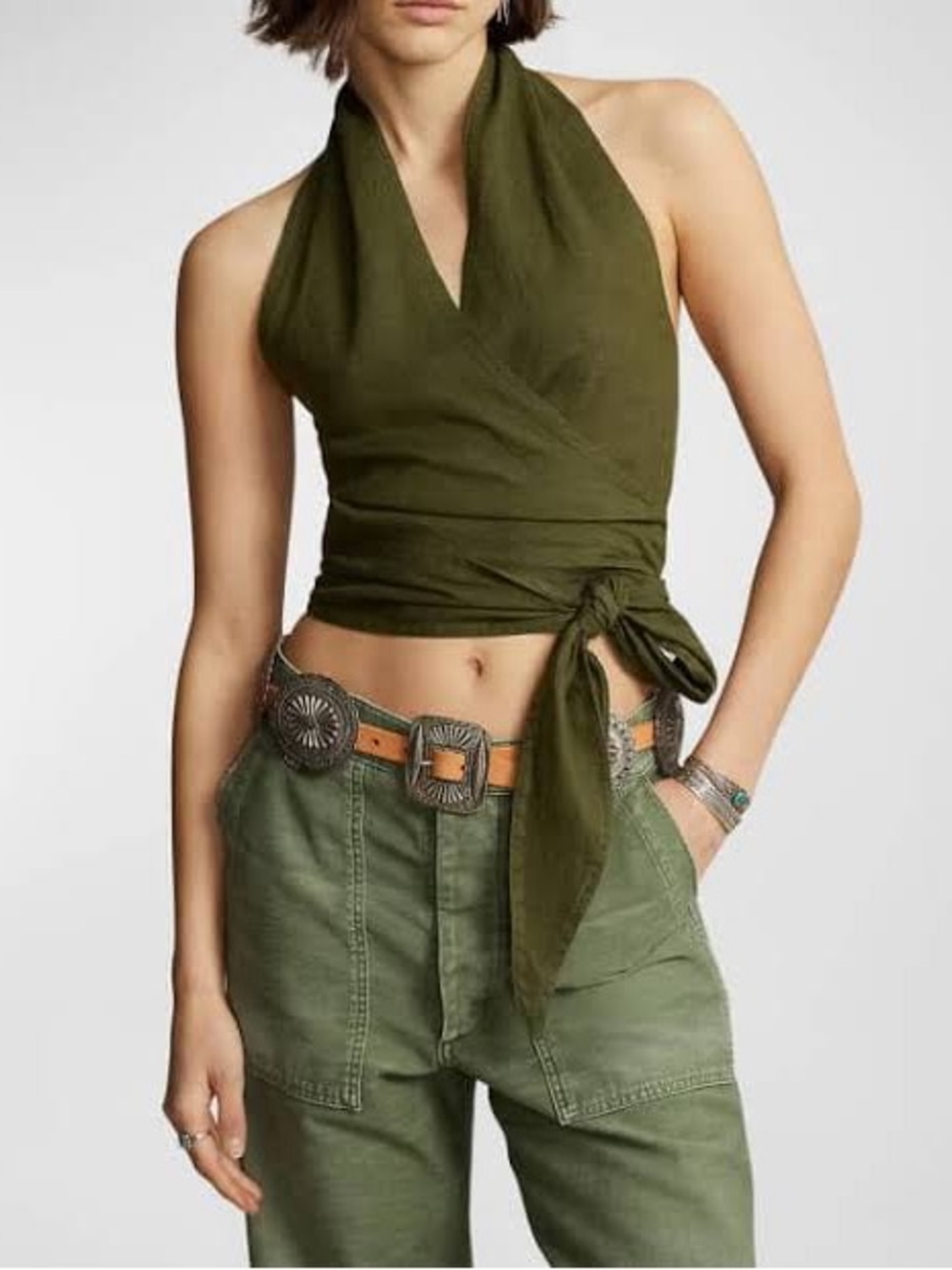 Polo by Ralph Lauren Olive Halter Wrap Crop Top - Picture 2 of 6